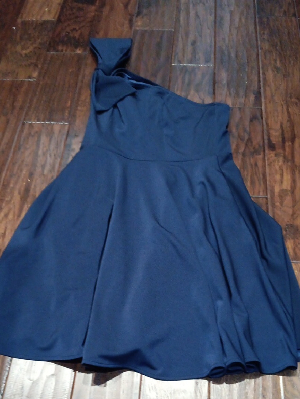 Bow Accent One-Shoulder Navy Fit-and-Flare Dress